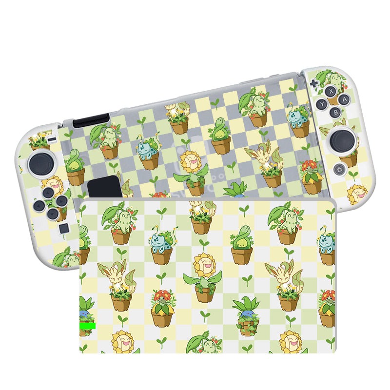 The Pokepots Case for Nintendo Switch by petimint features a semi-clear design embellished with an adorable pattern of various pot plants, each uniquely cute. The back panel showcases a delightful yellow and green checkerboard background. Additionally, the console is equipped with a matching switch grip case for enhanced comfort during gameplay.