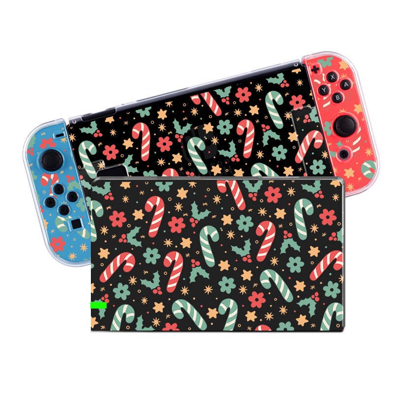 A Petimint Candy Cane Case for the Nintendo Switch, featuring festive decorations. The case displays a pattern of candy canes, stars, flowers, and snowflakes in holiday colors while keeping the clear design intact. Perfect for the cozy gamer!