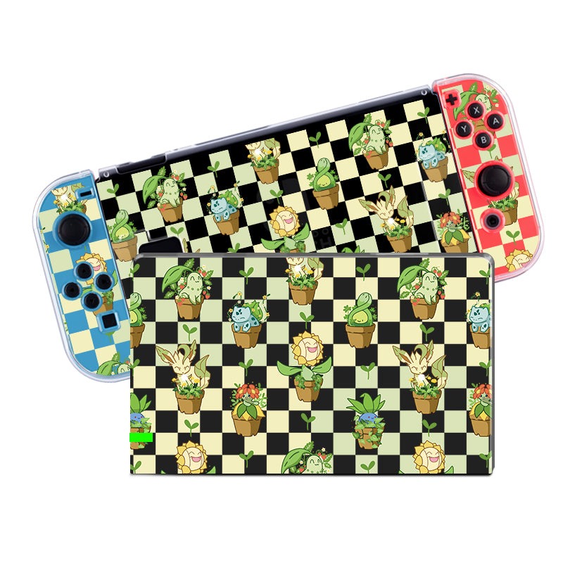 Introducing the petimint Pokepots Case for Nintendo Switch—this clear, soft TPU dockable case features delightful, cartoon-style illustrations of various plant creatures in pots. The checkered background with alternating light and dark squares adds a charming touch, while the colorful buttons on the detachable controllers enhance your gaming experience.