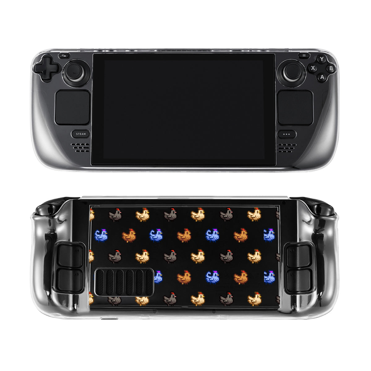 Every gamer will adore the Stardew Chicken Steam Deck Case by petimint. This clear handheld gaming console case features a front screen and an array of control buttons. The back is adorned with a grid of small, colorful, pixelated chicken-like characters in various poses, infusing your gaming gear with a playful vibe.