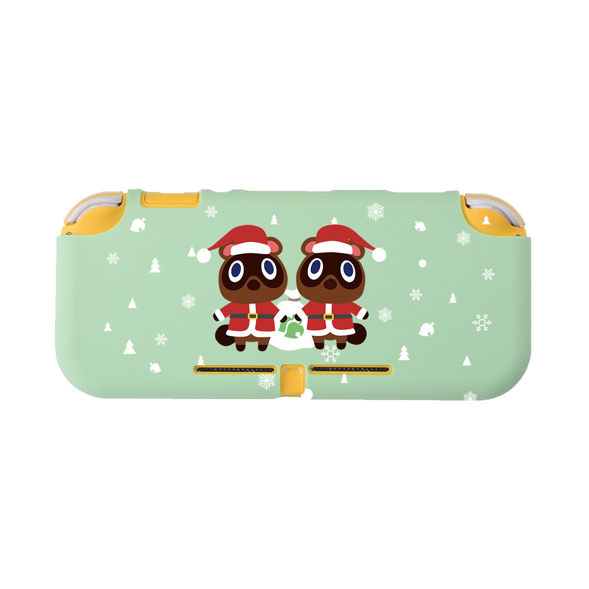 The Timmy & Tommy Christmas LITE Case for Nintendo Switch by petimint comes in a festive green color and features two cartoon raccoons dressed in Santa outfits holding a candy cane together. Perfect for any gamer, the background is adorned with white snowflakes and small festive icons, adding a touch of holiday cheer to your gaming gear.