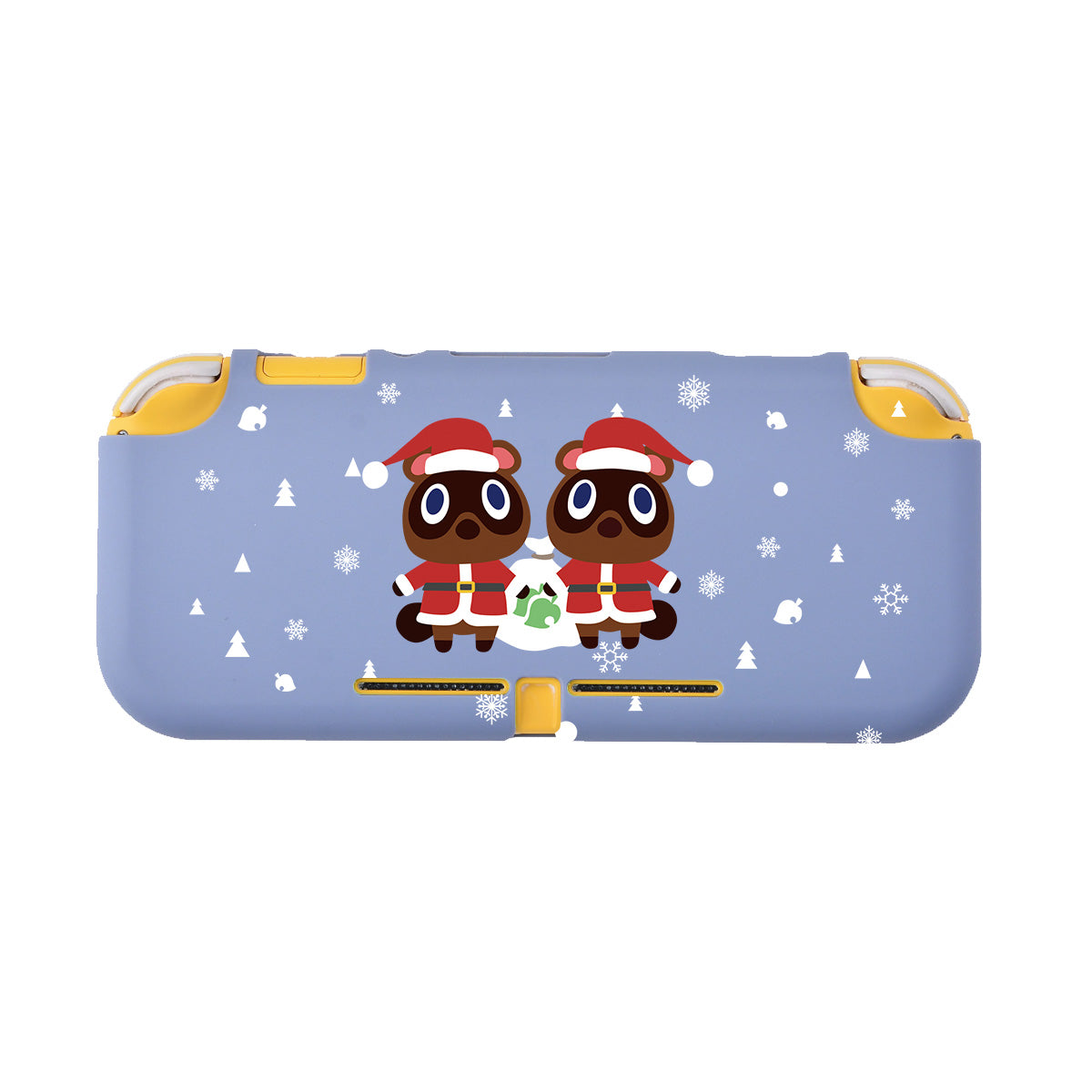 The Timmy & Tommy Christmas LITE Case for Nintendo Switch, offered by petimint, is gray and decorated with a festive winter design. It features two raccoon-like cartoon characters in Santa hats and scarves, holding a green and white ball. Snowflakes and small white trees are scattered around them. Perfect for a cozy gamer, the controls are yellow.