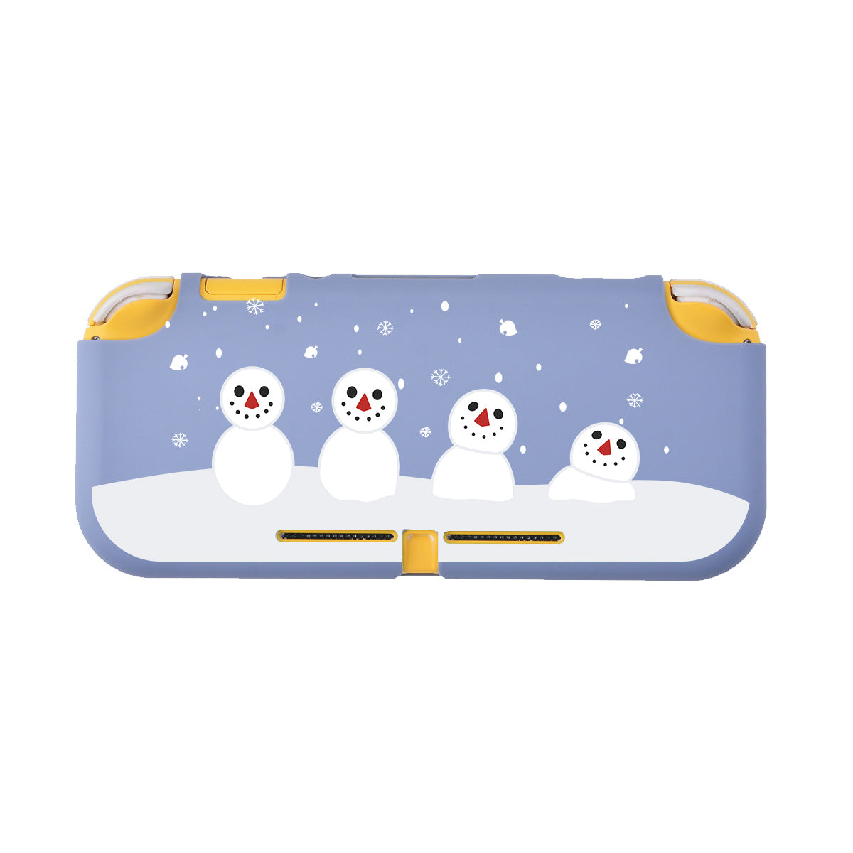 The Snowboy Animal Crossing LITE Case for Nintendo Switch by petimint is a grey case adorned with four white snowmen of varying sizes. The snowmen, each sporting a carrot nose and black eyes, are set against a backdrop of falling snowflakes and white dots on a snowy landscape—perfect for any gamer embracing cozy gaming vibes.