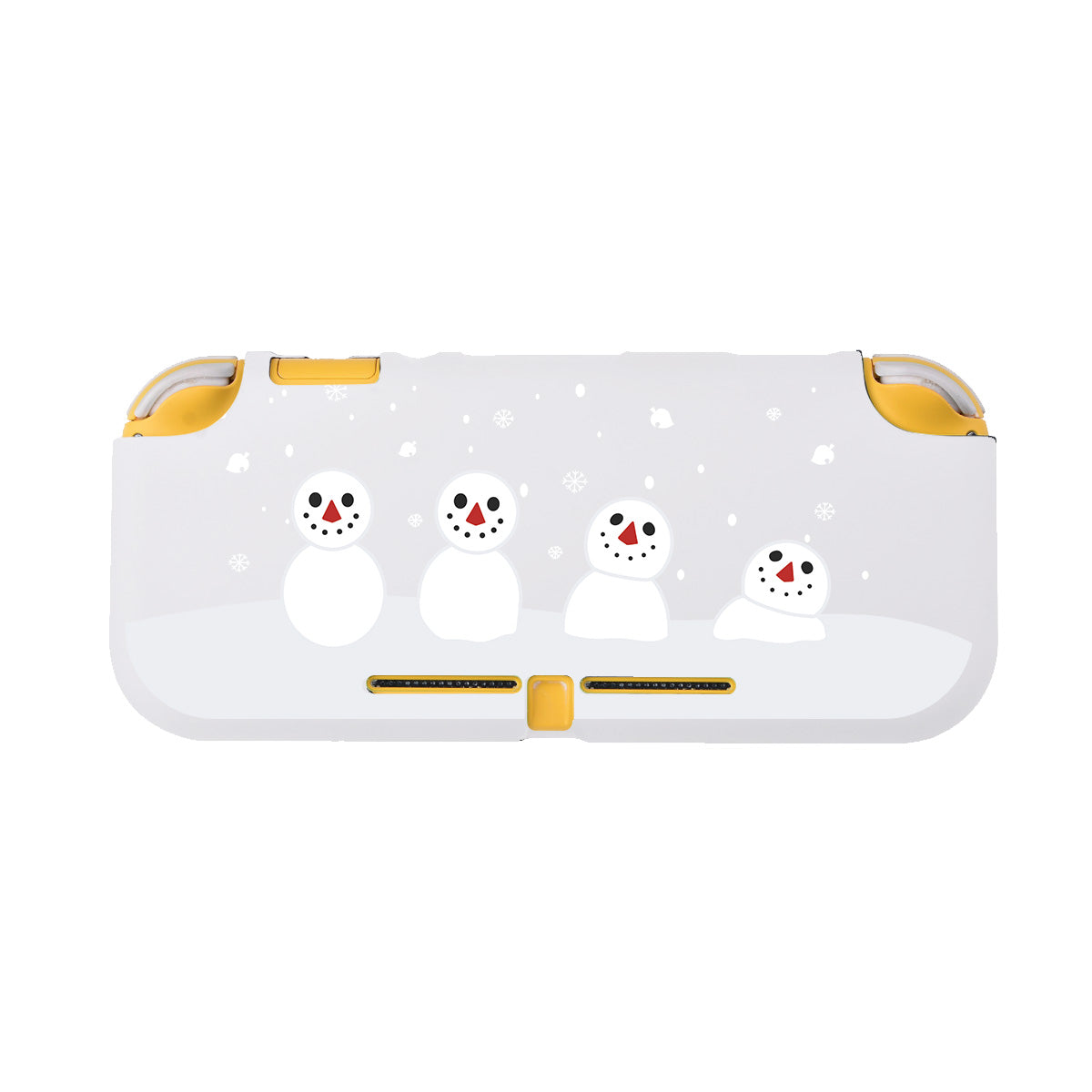 The petimint Snowboy Animal Crossing LITE Case for Nintendo Switch is a white case adorned with four adorable snowmen featuring red noses and smiley faces, set against a snowy background scattered with white snowflakes. Cozygamers will love the two yellow accents on the top corners.