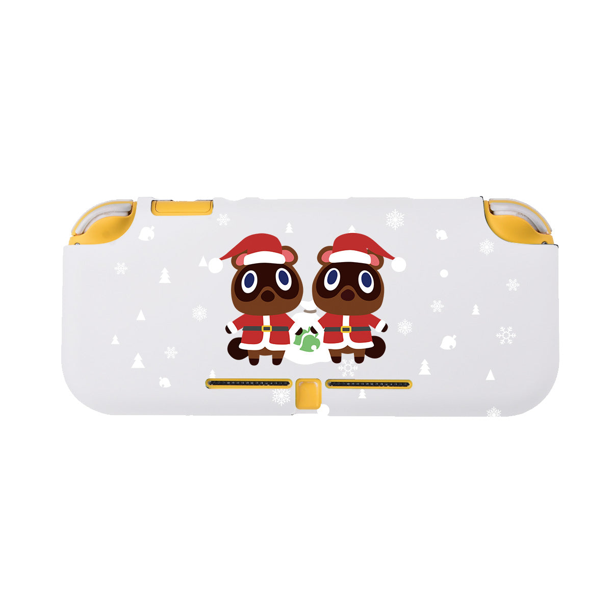 The Timmy & Tommy Christmas LITE Case for Nintendo Switch by petimint features an illustration of two adorable raccoon characters dressed in festive red and white Santa apparel, holding a green gift box. The background is light grey with scattered white snowflakes, making it the perfect accessory to add a touch of holiday cheer to your gaming setup.