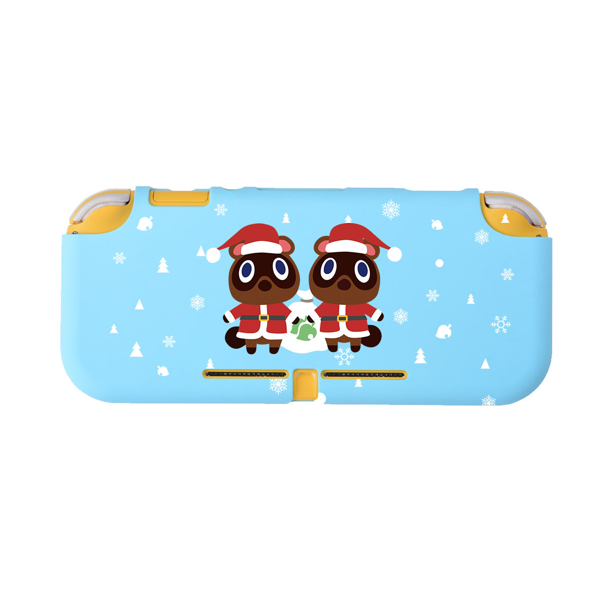 Introducing the Timmy & Tommy Christmas LITE Case for Nintendo Switch by petimint. This blue case features two adorable cartoon raccoon characters, Timmy and Tommy, dressed in Santa hats and festive green and red outfits. Perfect for any gamer, the design is enhanced with white snowflakes and small tree illustrations. The top and bottom edges of the case are highlighted in yellow.