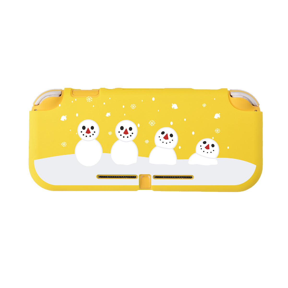 Introducing the Snowboy Animal Crossing LITE Case for Nintendo Switch by petimint, perfect for the cozy gamer. This yellow gaming console cover features four white snowmen with red and black facial details, arranged in a charming row. Delicate snowflakes and small white dots against the vibrant yellow background create a snowy effect, adding a festive touch to any gaming setup.