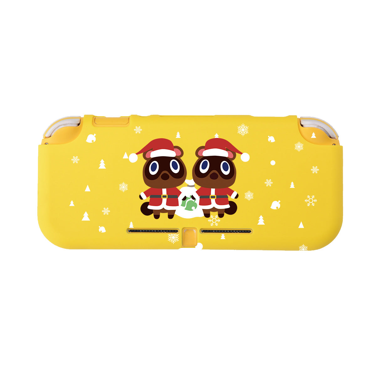 Introducing the Timmy & Tommy Christmas LITE Case for Nintendo Switch by petimint. This yellow case showcases two adorable cartoon raccoons, Timmy and Tommy, wearing Santa hats and holding gifts. The background features charming snowflakes and white trees, making it an ideal festive accessory for any cozy gamer aiming to add a holiday touch to their gaming setup.