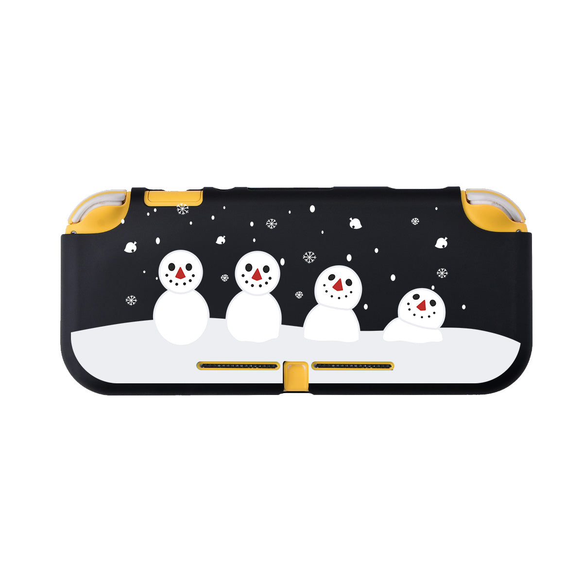 Introducing the Snowboy Animal Crossing LITE Case for Nintendo Switch by petimint! This black protective case features a delightful design of four snowmen with red noses and black eyes set against a snowy background. Adorned with small images of snowflakes and white dots representing falling snow, this case also boasts yellow edges for a stylish touch. Perfect for keeping your Nintendo Switch safe and festive!