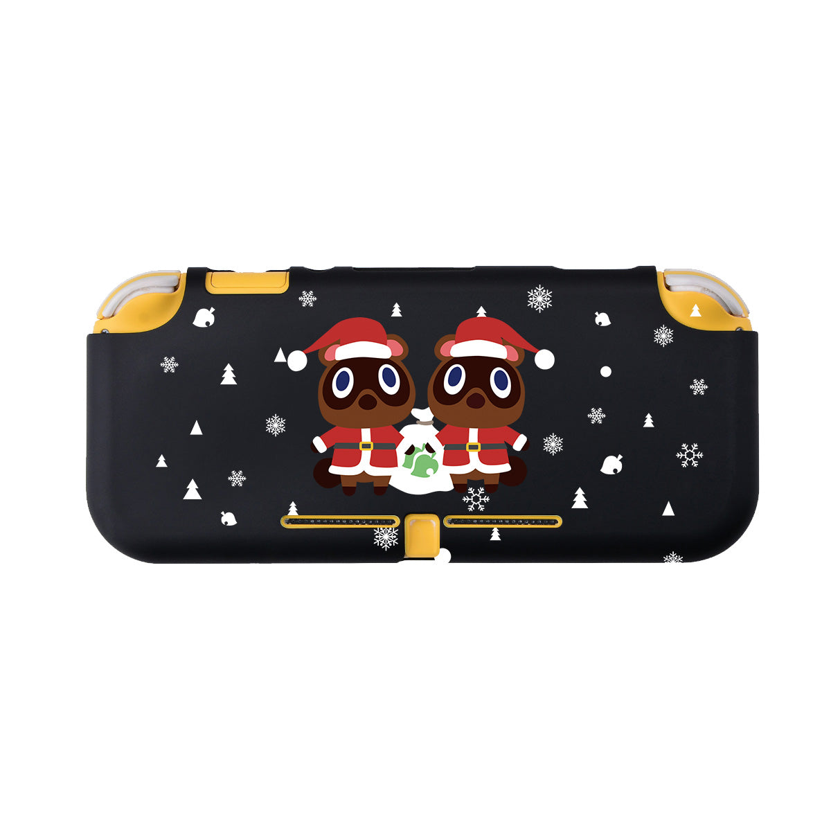 Introducing the Timmy & Tommy Christmas LITE Case for Nintendo Switch by petimint. This black case with yellow accents is designed specifically for a handheld gaming console and features festive graphics of two cartoon raccoons, Timmy and Tommy, dressed in red and white Christmas outfits. The characters stand together with snowflakes scattered around them, enhancing the holiday theme and providing a perfect accessory for any gamer.