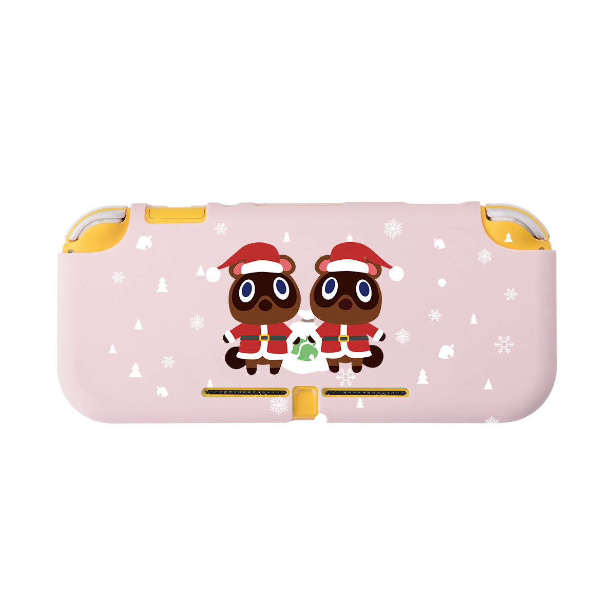 Introducing the Timmy & Tommy Christmas LITE Case for Nintendo Switch by petimint, featuring a pink background adorned with two cute cartoon raccoons wearing Santa hats and red scarves with white edges, holding a green leaf. The design showcases white snowflakes and small winter-themed icons scattered around, making it perfect for any gamer during the festive season.