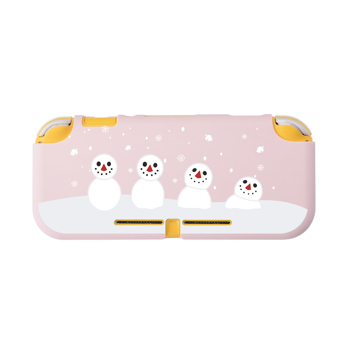 The Snowboy Animal Crossing LITE Case for Nintendo Switch by petimint is a charming pastel pink handheld gaming console case decorated with four cheerful, minimalist snowman illustrations surrounded by various snowflake decorations. It features yellow accents at the top corners and bottom center, making it an ideal accessory for any gamer!