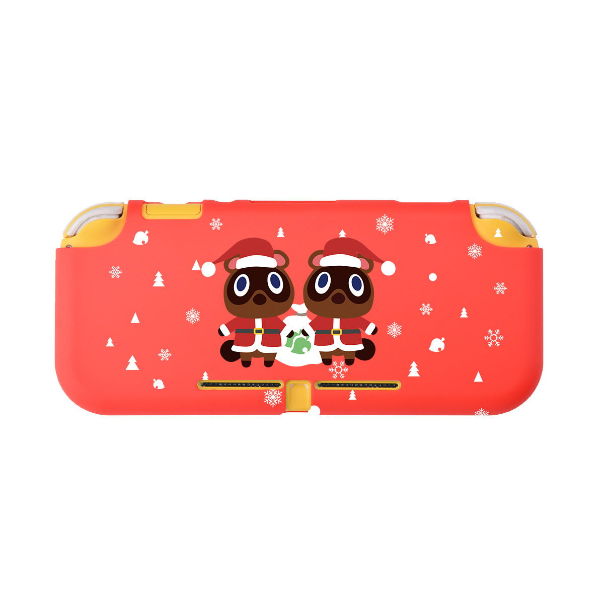 The Timmy & Tommy Christmas LITE Case for Nintendo Switch by petimint features a vibrant red design adorned with two adorable animal characters, Timmy and Tommy, dressed in Santa outfits holding a present. This festive case is also decorated with white snowflakes and holiday-themed icons, making it an ideal choice for any gamer. It includes convenient slots for buttons and connectors, all set against a cheerful background filled with festive motifs.