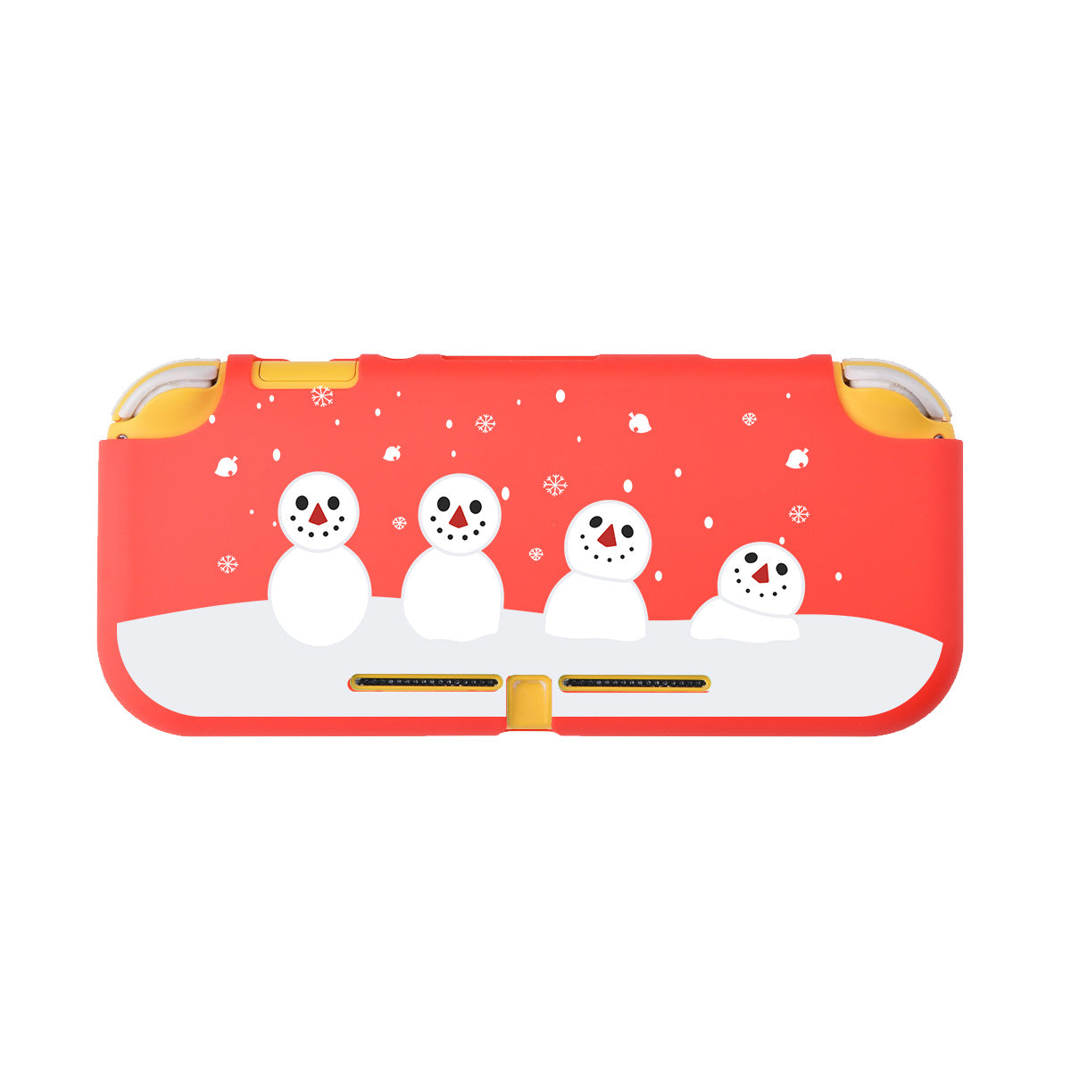 The Snowboy Animal Crossing LITE Case for Nintendo Switch by petimint is a red protective case featuring a playful snowman design. Four snowmen with varying expressions stand on a white snowy ground with small snowflakes falling in the background. The case, perfect for any gamer, has yellow accents on the corners.