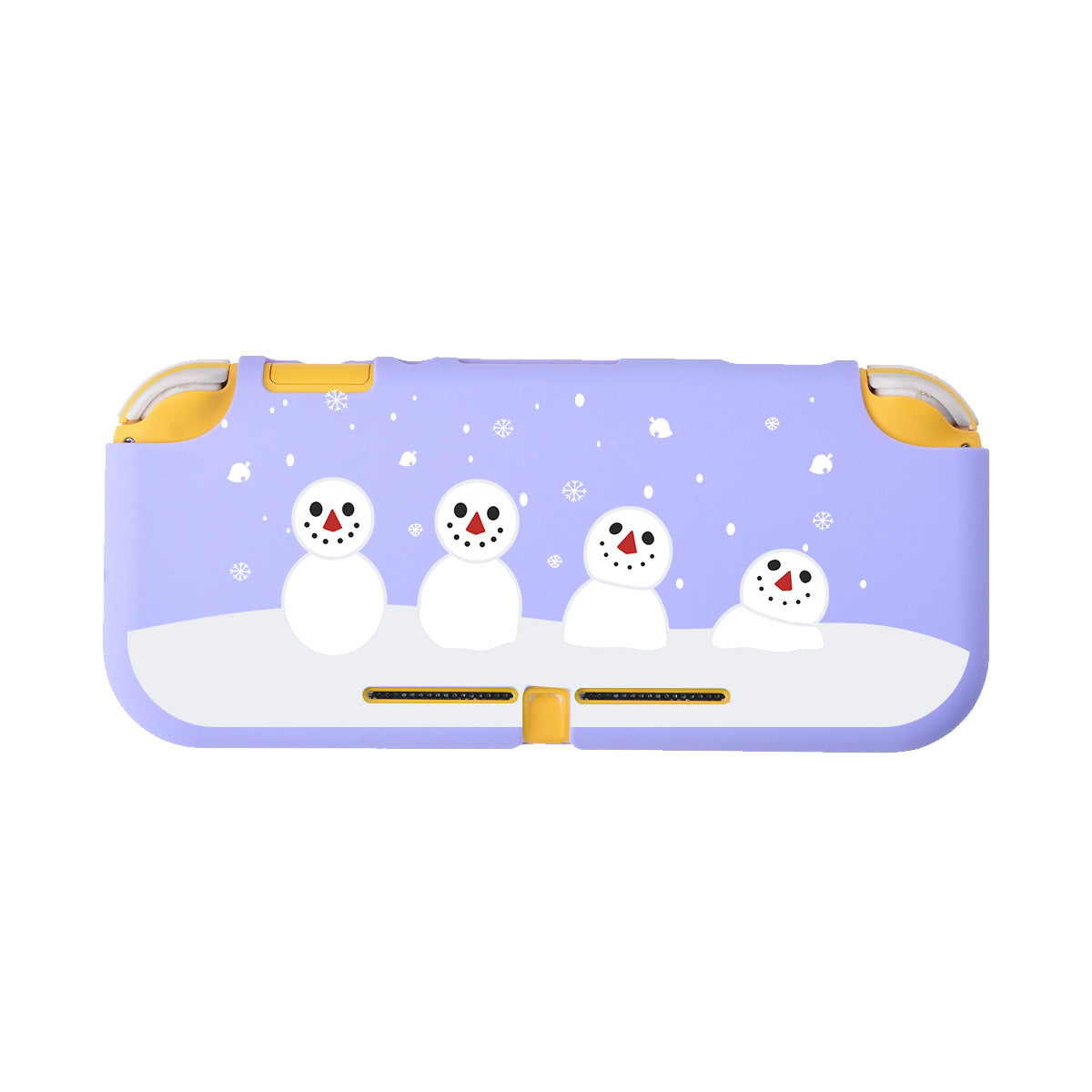 The *Snowboy Animal Crossing LITE Case for Nintendo Switch* by petimint is a light purple rectangular case with yellow accents, ideal for the cozygamer. It features a winter scene showcasing four simple snowmen made of white circles and black dots for eyes and buttons. Snowflakes gently fall in the background over a lavender sky above a snowy white ground.