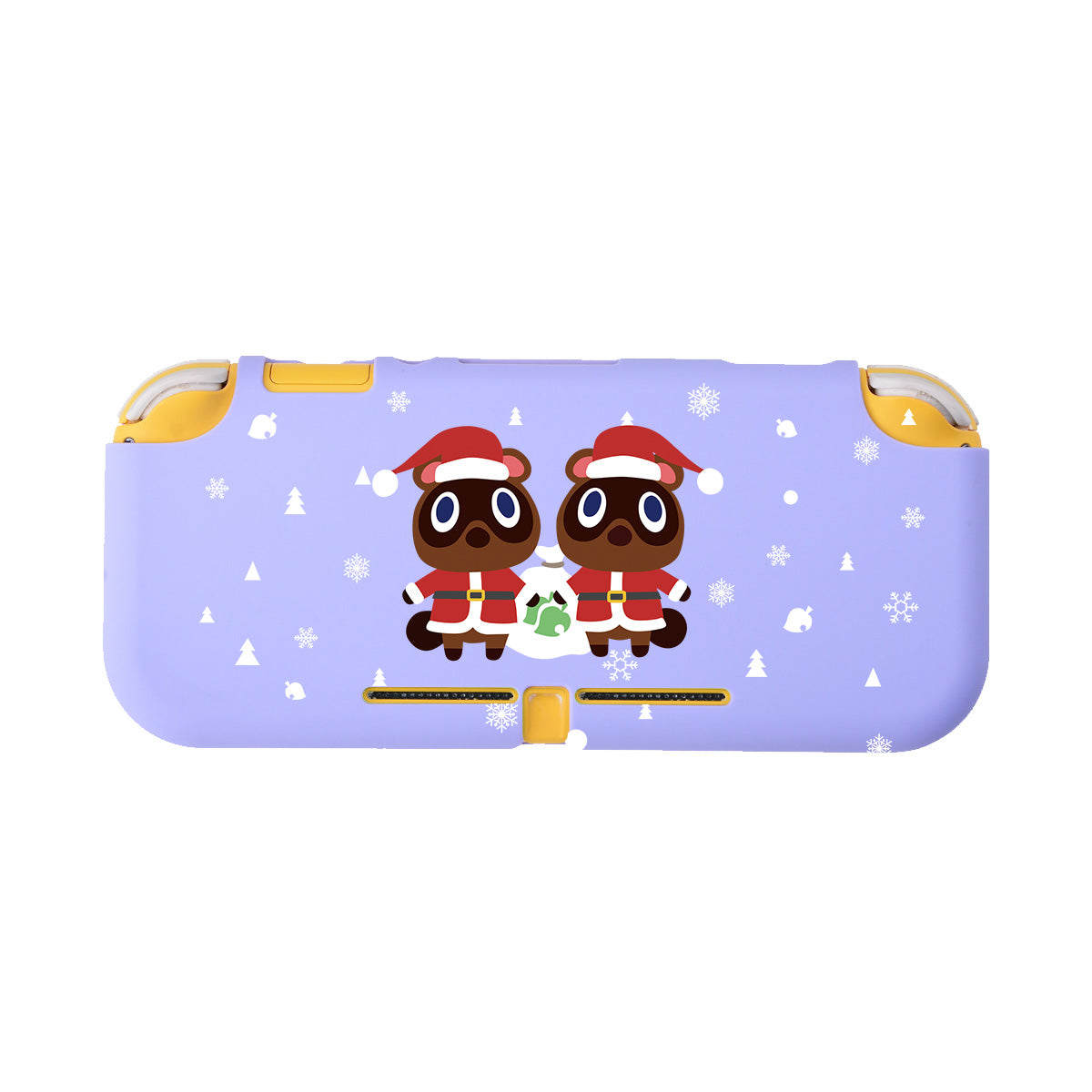 The Timmy & Tommy Christmas LITE Case for Nintendo Switch by petimint features a light purple background showcasing two cartoon raccoons, Timmy and Tommy, cheerfully dressed in red Santa hats and scarves amidst a flurry of white snowflakes. Ideal for the cozy gamer, this accessory's edges are accented in yellow.