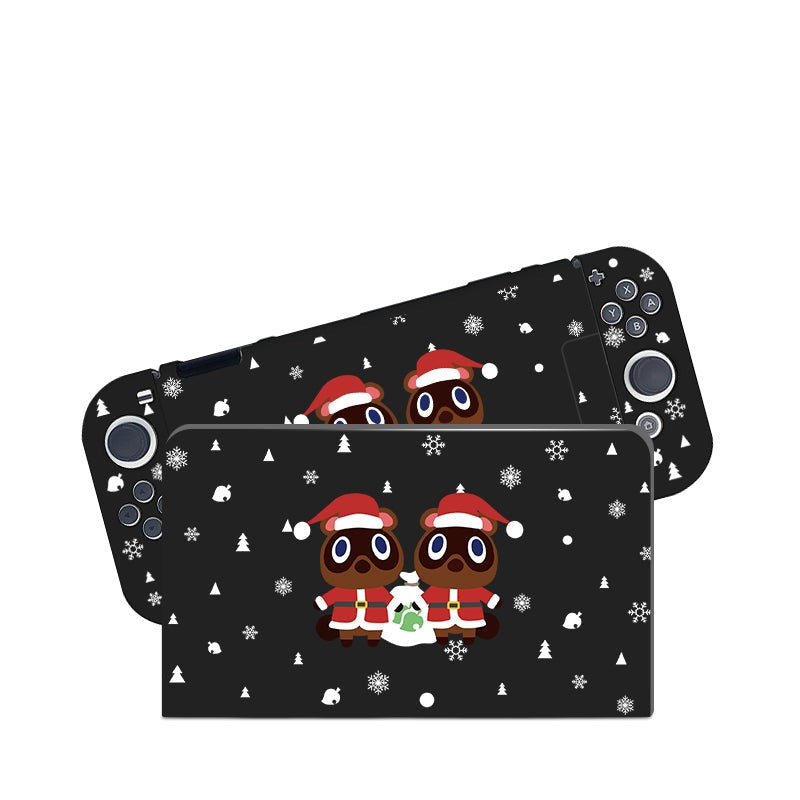 The Timmy & Tommy Christmas Case for Nintendo Switch by petimint is a dark-colored handheld gaming console case adorned with a festive holiday-themed skin. It features two cartoon raccoons wearing red Santa hats and matching scarves. The background includes white snowflakes, Christmas trees, and small festive icons—perfect for any cozygamer looking to celebrate in style.