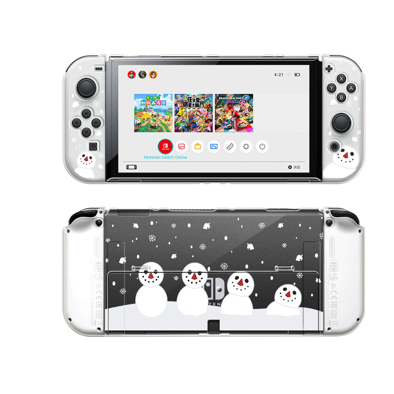 Petimint's Snowboy Animal Crossing Case for the Nintendo Switch showcases a festive holiday design, featuring three snowmen on the back. The screen displays the home menu with game icons, including red and white, blue and white, and yellow and white icons. This cozygamer's console is ready for winter cheer with its sleek white and grey case.