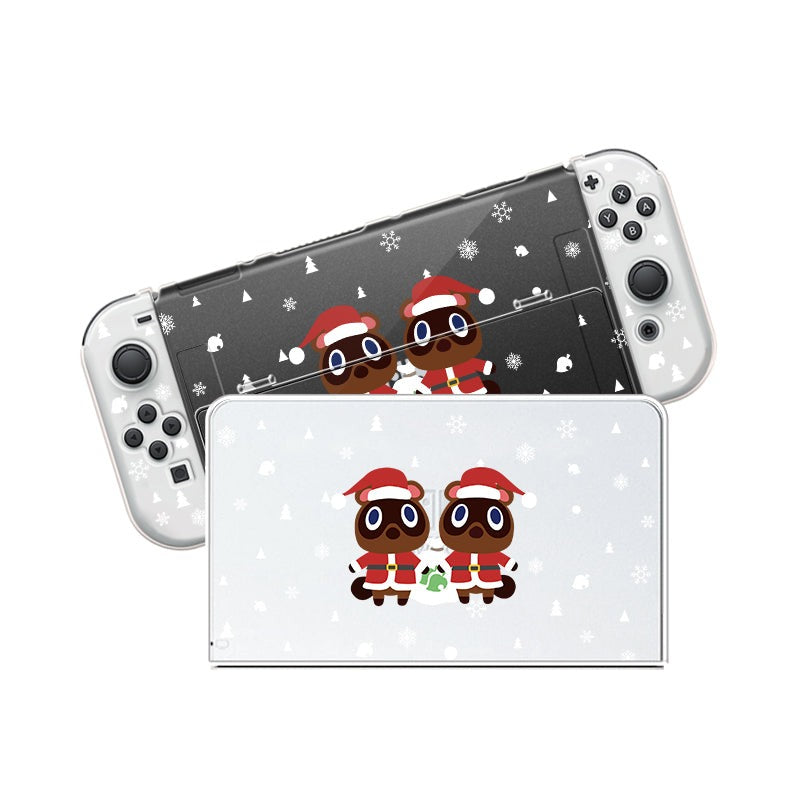 The Timmy & Tommy Christmas Case for Nintendo Switch by petimint is shown with matching removable controllers and a decorated dock. The console and dock feature a festive design with two cute characters, Timmy and Tommy, wearing Santa hats and winter scarves, surrounded by snowflakes and holiday icons against black and white backgrounds—a perfect gift for any gamer.