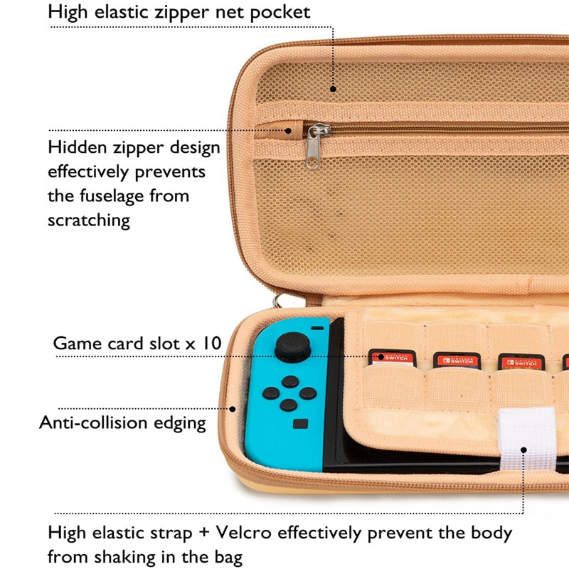 The petimint Shiba Pouch for Nintendo Switch is a beige carrying case that seamlessly combines protection and functionality with its high elastic zipper net pocket, discreet zipper design, and ten dedicated game card slots. Its anti-collision edging pairs with a high elastic strap featuring Velcro to securely protect your gaming device.