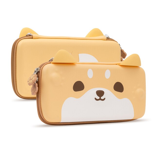 Introducing the petimint Shiba Pouch for Nintendo Switch: a charming pair of rectangular pouches adorned with a cartoon Shiba Inu dog face in light brown and white. Ideal for storing small gaming accessories such as Nintendo Switch cartridges, each pouch features soft 3D ears and paw-shaped zipper pulls, adding to their playful allure.