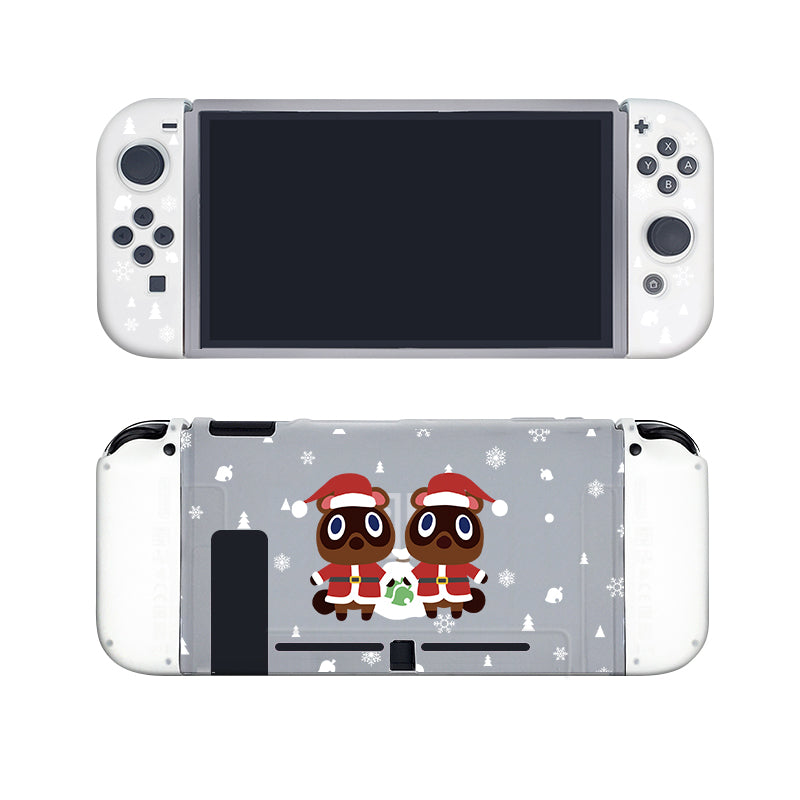 The Timmy & Tommy Christmas Case for Nintendo Switch by petimint features a semi-clear, white, and gray holiday-themed design. The front showcases the console's buttons and screen, while the back depicts two cartoon characters, Timmy and Tommy, dressed in festive apparel amidst white snowflakes and decorations. It's the perfect gift for any cozy gamer during the holidays.